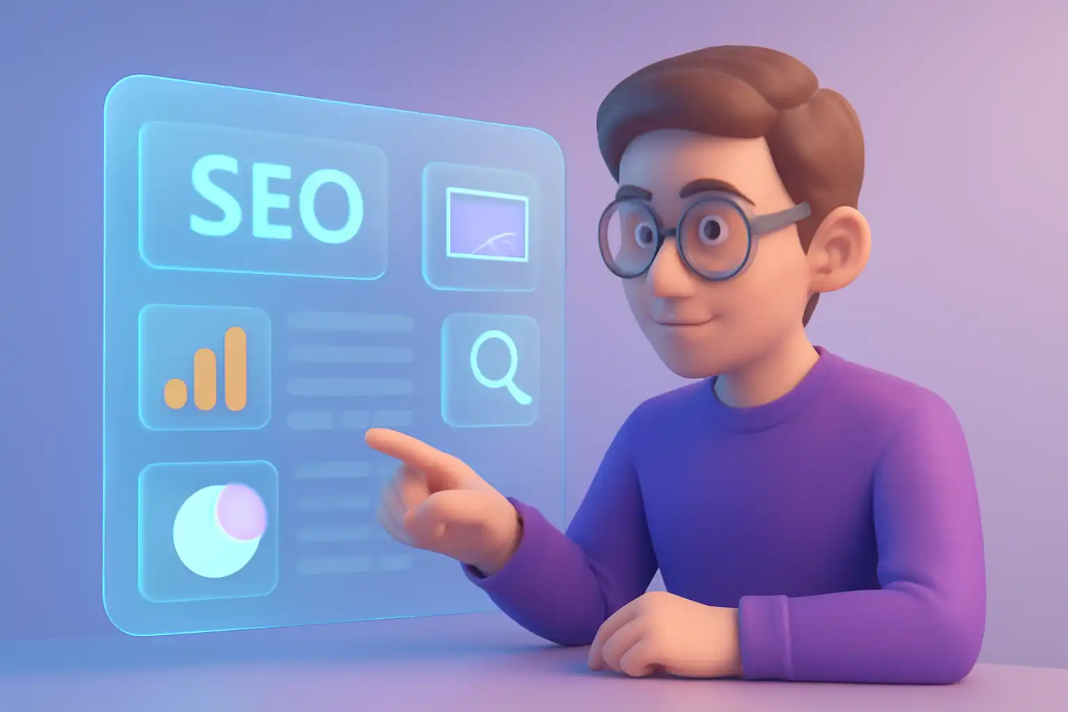 "شخصیت در حال تعامل با صفحه هولوگرافی که تحلیلهای فنی سئو شامل خطاهای 404 و عملکرد کند سایت را نمایش میدهد، در یک فضای کاری مدرن و تمیز