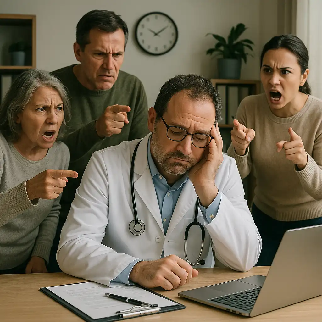 پزشک غمگین در مطب خود نشسته و چند بیمار عصبانی اطراف او ایستاده‌اند؛ نمایشی از اهمیت مدیریت تجربه بیمار و ضرورت طراحی سایت پزشکان برای کاهش نارضایتی‌ها.