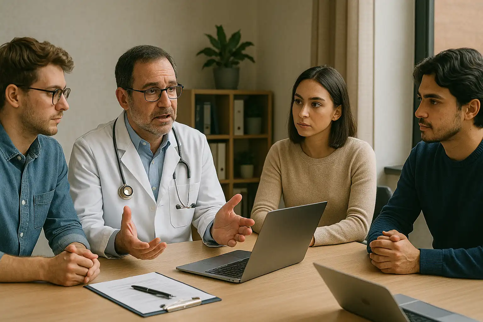 پزشک در جلسه‌ای با تیم توسعه‌دهنده نشسته و درباره مشکلات مطب و نیاز به طراحی سایت پزشکان برای نوبت‌دهی آنلاین و مدیریت بیماران صحبت می‌کند.