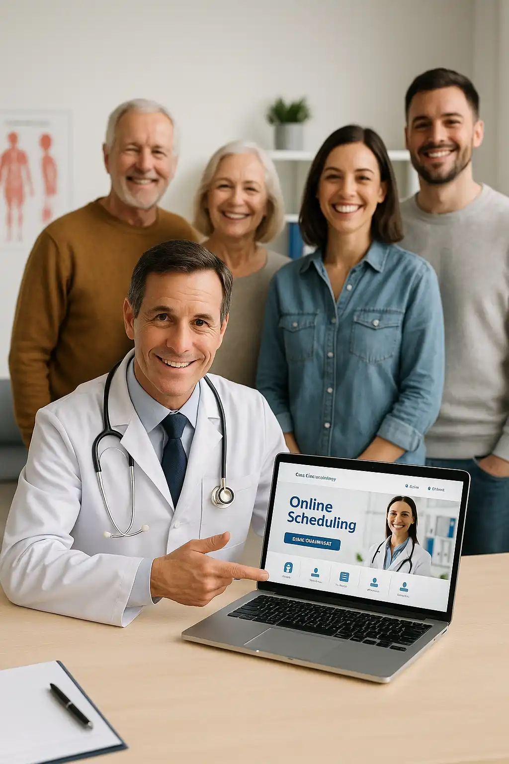 پزشک لبخند‌به‌لب لپ‌تاپی را نشان می‌دهد که سایت نوبت‌دهی آنلاین او فعال شده و بیماران راضی در پس‌زمینه ایستاده‌اند؛ نتیجه موفق طراحی سایت پزشکان.