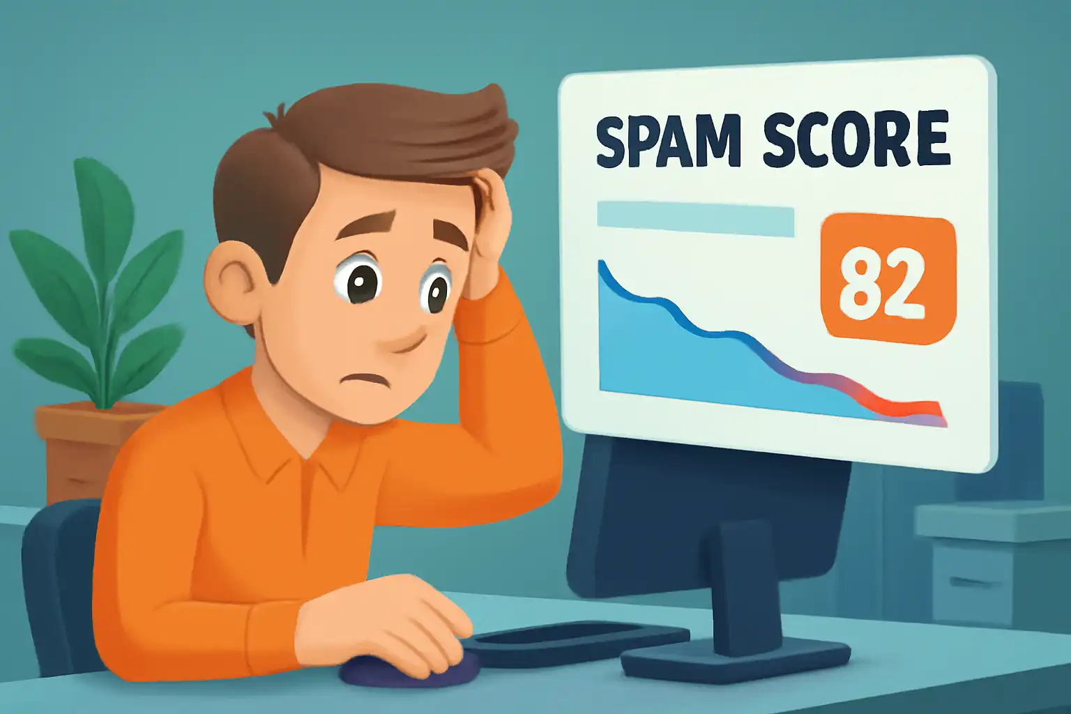 تصویر سهبعدی از مردی جوان که در حال بررسی گزارشی از اسپم اسکور بالای 82 روی صفحه نمایش است. او روی دکمه ‘Disavow’ کلیک میکند و یک نمودار کاهش اسپم اسکور پس از حذف لینکها در پسزمینه نمایش داده میشود."