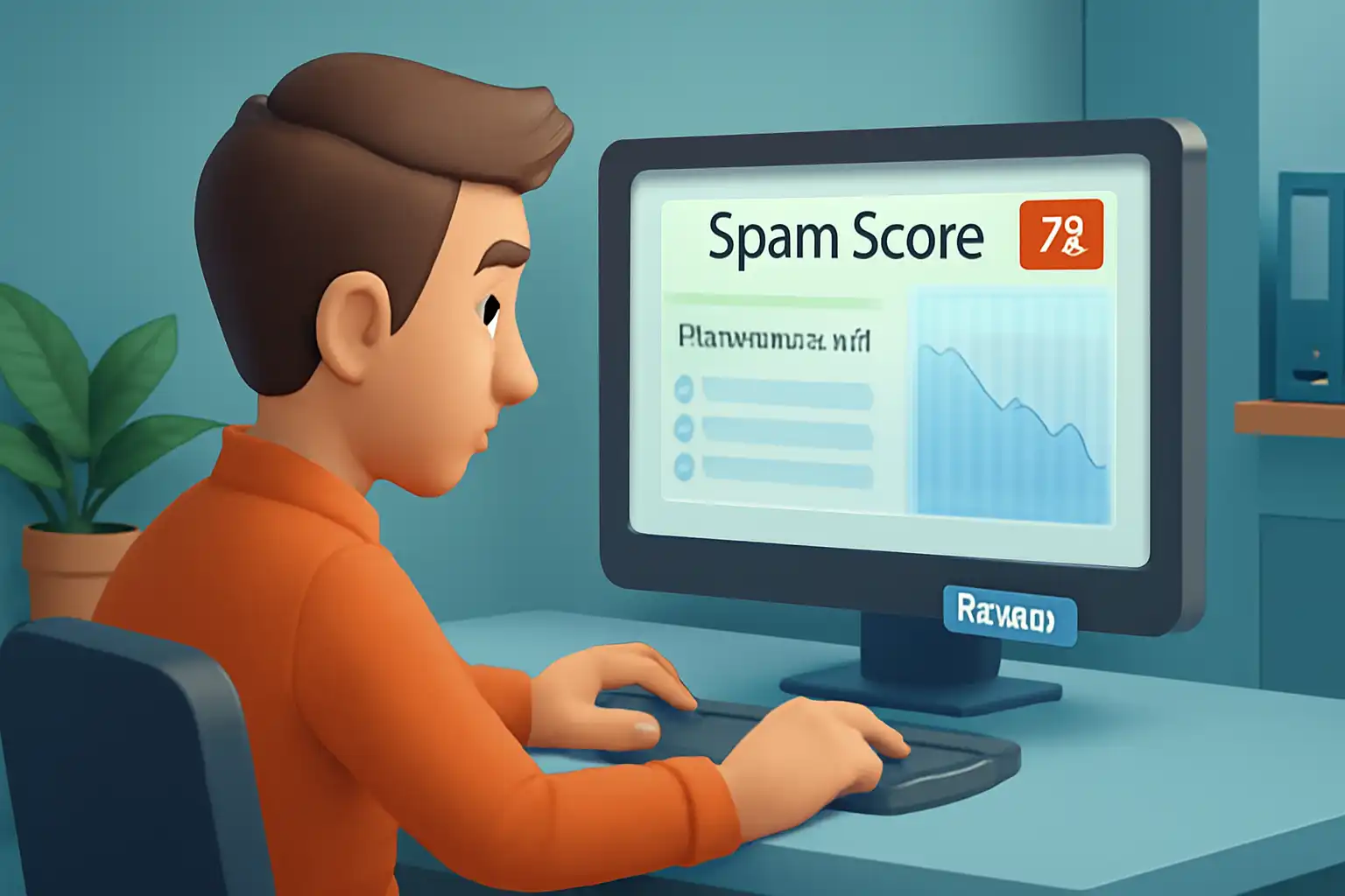 تصویر گرافیکی دو بعدی مینیمالیستی با پسزمینه بنفش روشن که در آن نوشته 'SPAM SCORE' به وضوح قابل مشاهده است