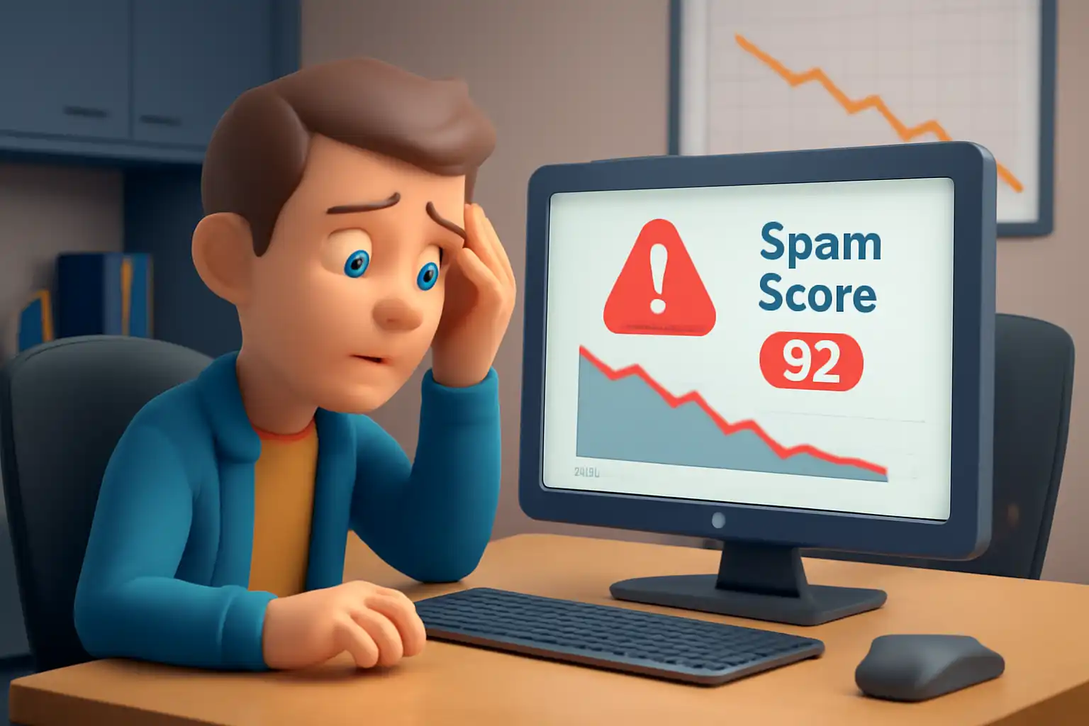 یک تصویر سهبعدی از مردی جوان با موهای قهوهای روشن که در حال مشاهده گزارشی از اسپم اسکور روی صفحه نمایش کامپیوتر است. اسپم اسکور 92 به رنگ قرمز در کنار نمودار نزولی در صفحه نمایش قرار دارد و او با چهرهای نگران به آن نگاه میکند
