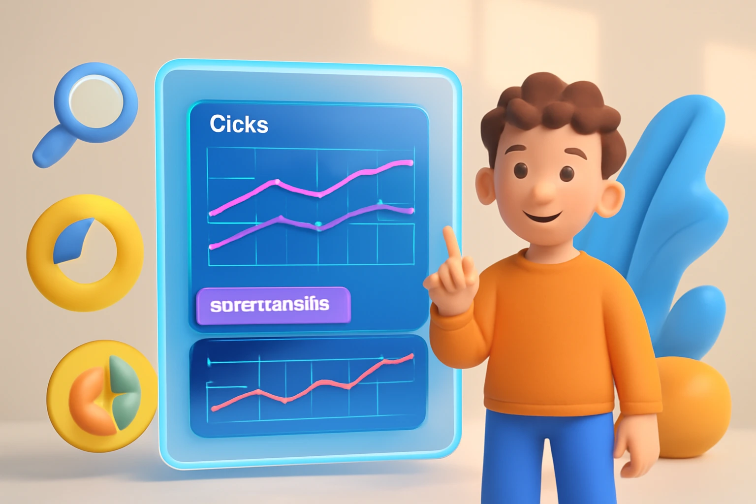 تصویر 3D یک شخصیت دوستانه و کنجکاو که در حال تجزیه و تحلیل داده‌ها و گزارش‌های Clicks و Impressions است. در پس‌زمینه، آیکون‌های انتزاعی نمایانگر موتور جستجو و تحلیل عملکرد سایت هستند.