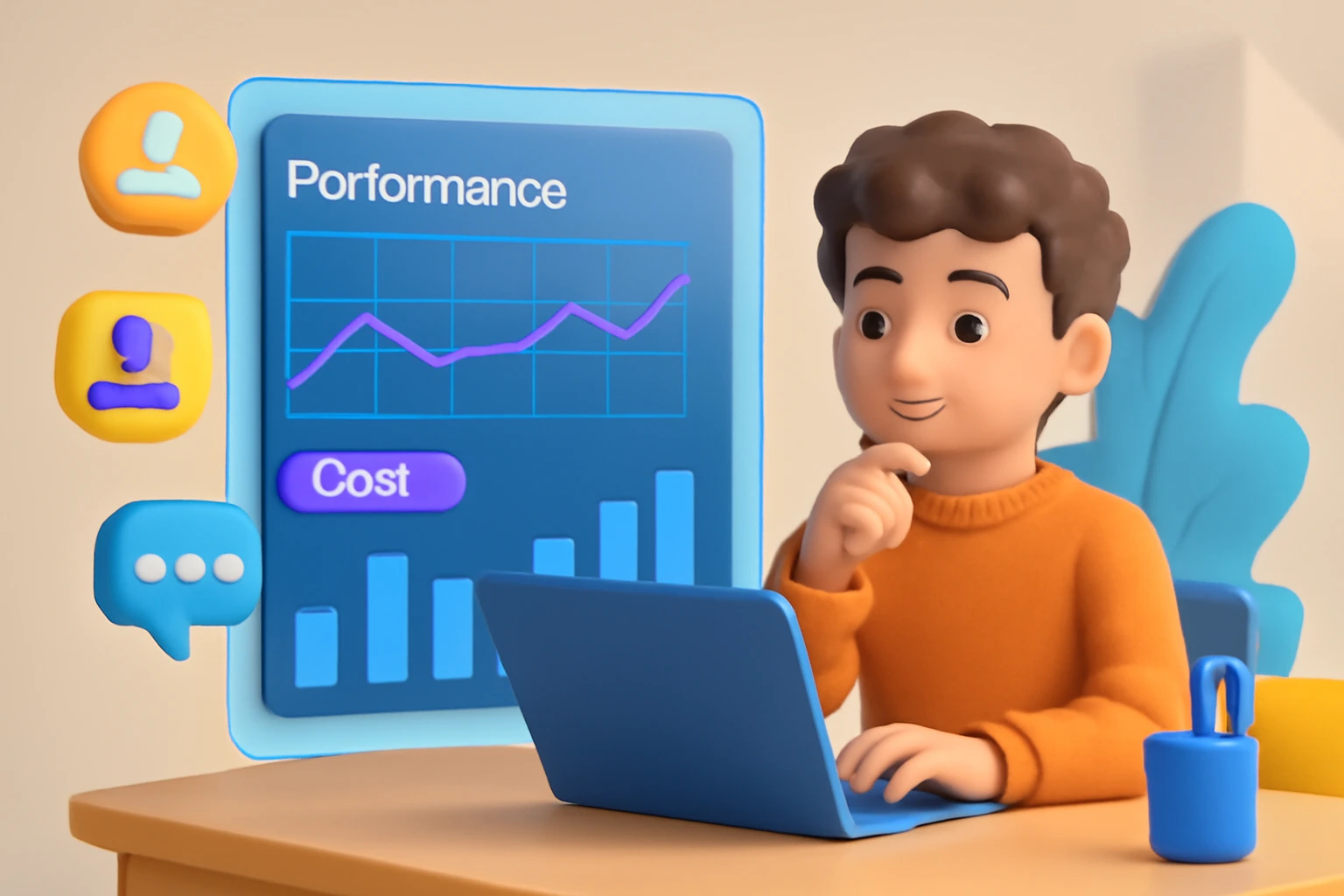 شخصیتی 3D در حال تحلیل داده‌های Clicks روی صفحه دیجیتال است. داده‌ها شامل نمودارها و گراف‌های عملکرد سایت هستند. شخصیت در حال تعامل با داده‌ها است تا میزان تعامل کاربران را تجزیه و تحلیل کند.