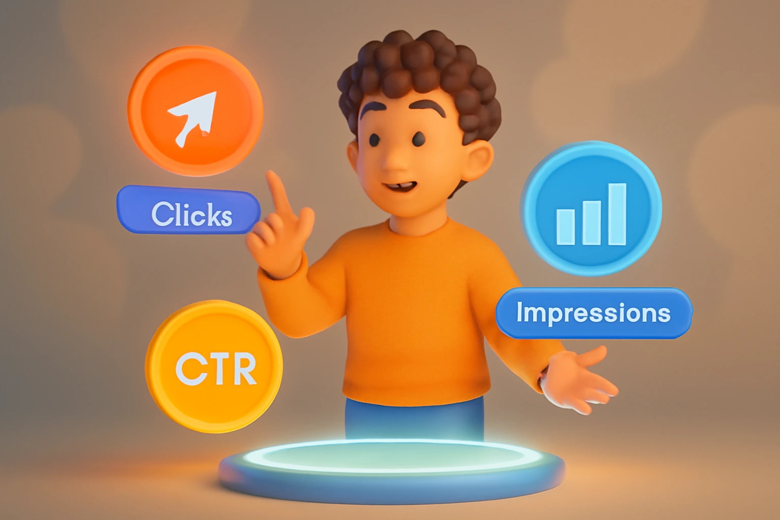 شخصیتی 3D در حال تعامل با آیکون‌های Clicks، Impressions و CTR که در اطراف یک پلتفرم درخشان شناور هستند. محیطی مدرن و پویا که استراتژی‌های بهینه‌سازی عملکرد سایت را نمایش می‌دهد.