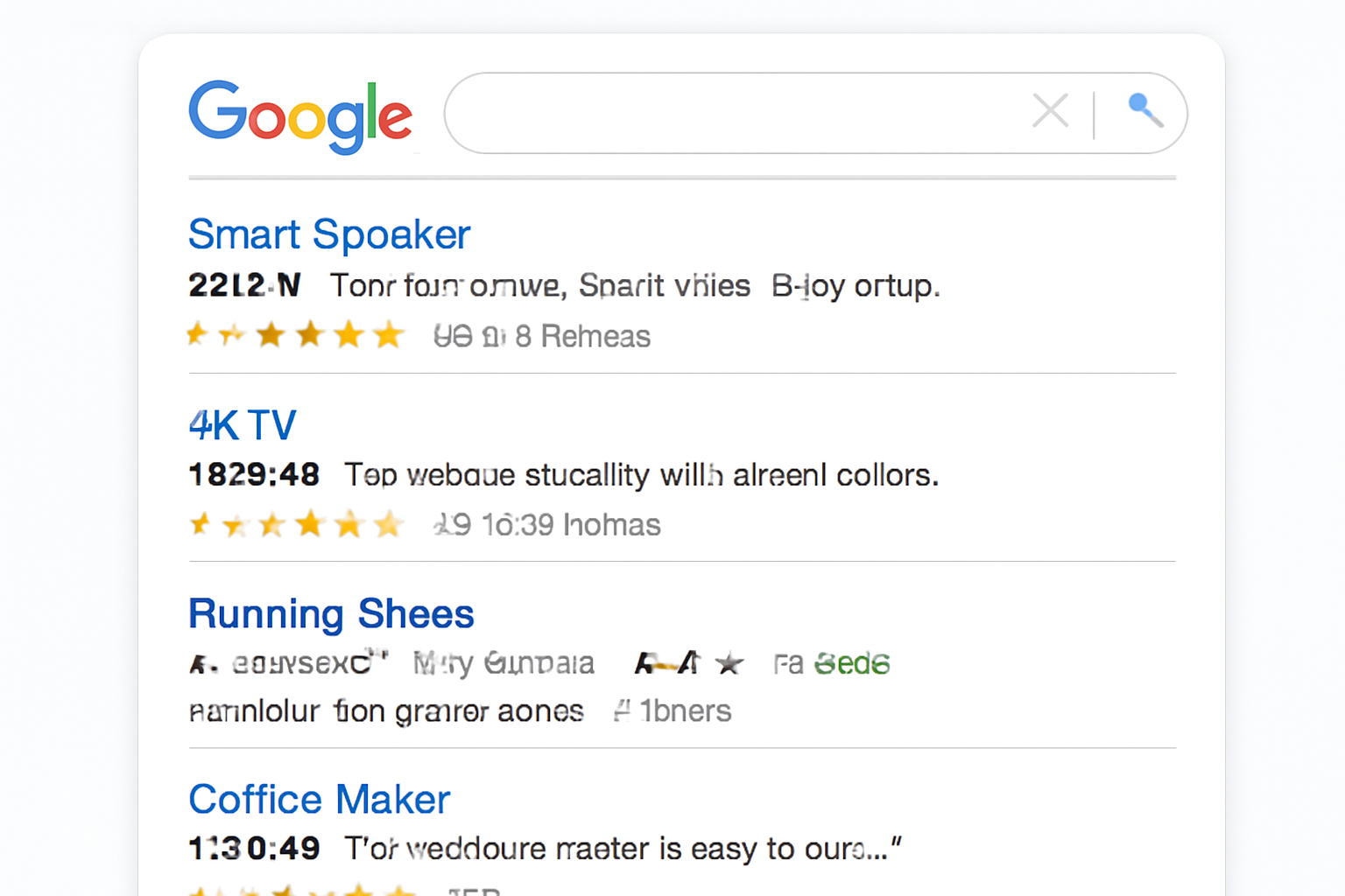 نمای نزدیک از نتایج جستجوی گوگل با نتایج غنی شامل قیمت محصولات، امتیازات و نظرات کاربران، نشان‌دهنده تاثیر اسکیما مارک‌آپ در بهبود نمایش نتایج جستجو
