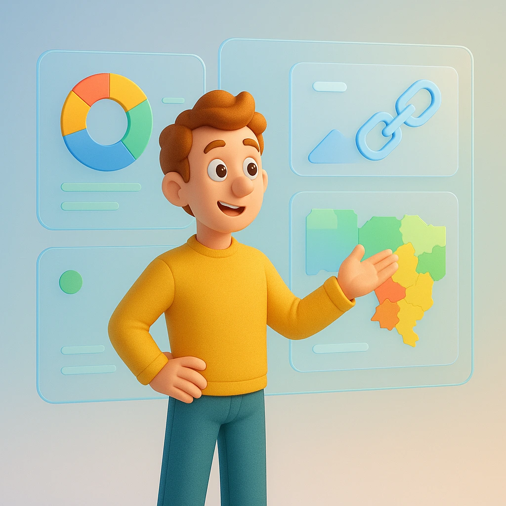 نمایی سه‌بعدی از داشبورد Webmaster Tools شامل گزارش عملکرد، پوشش صفحات و لینک‌های سایت