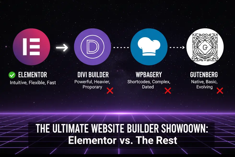 لوگوهای افزونه المنتور، دیوی، WPBakery و گوتنبرگ در یک مقایسه بصری، که ویژگی‌های هر سازنده وب‌سایت را روی پس‌زمینه‌ای تیره و پاستلی نشان می‌دهد.