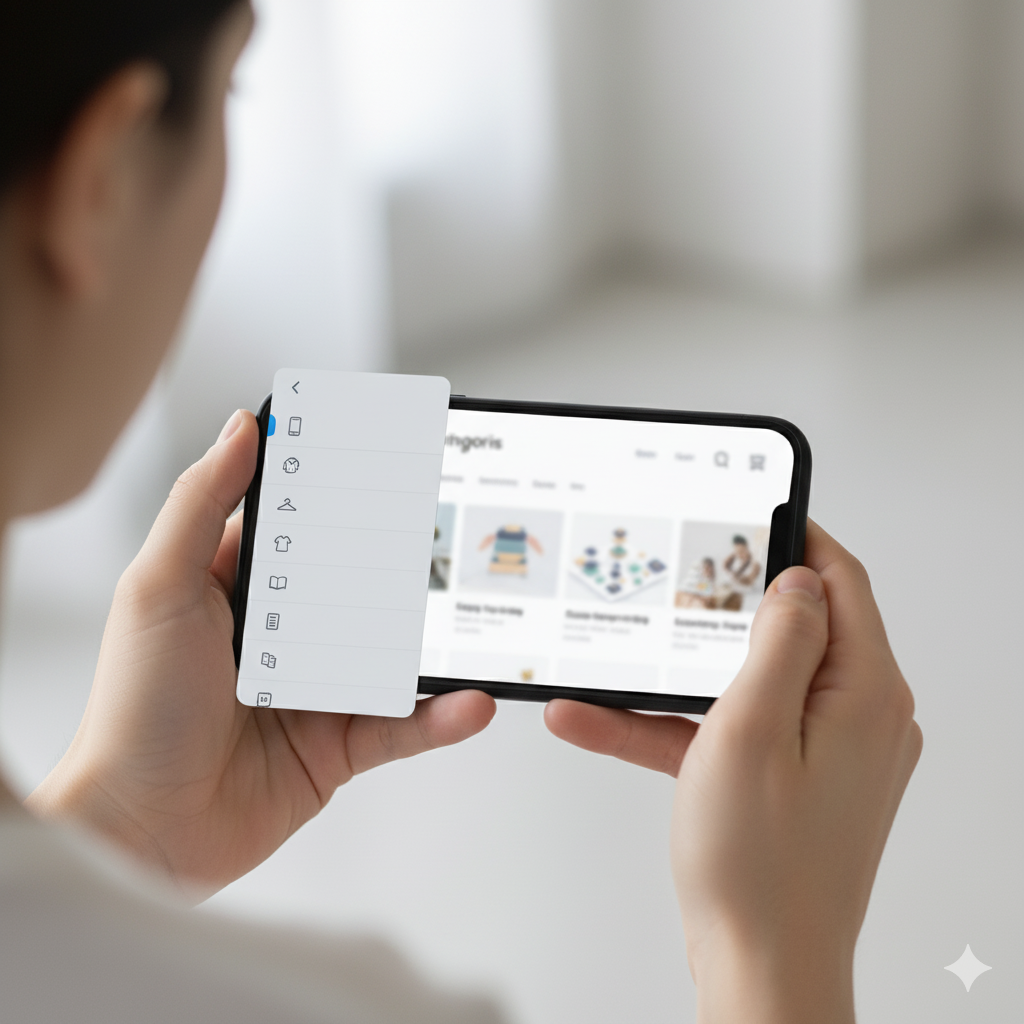 نمایش دستهبندیهای فروشگاهی بر روی گوشی موبایل با طراحی ریسپانسیو شامل محصولات الکترونیکی، پوشاک زنانه و کتابهای علمی