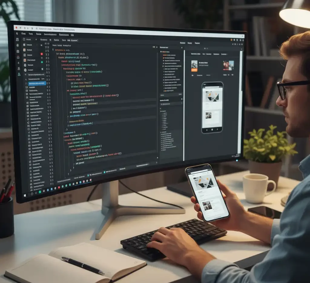 متخصص طراحی وب در حال آزمایش و تنظیم یک وب‌سایت برای ریسپانسیو بودن در موبایل، با استفاده از نرم‌افزار توسعه وب روی مانیتور بزرگ.
