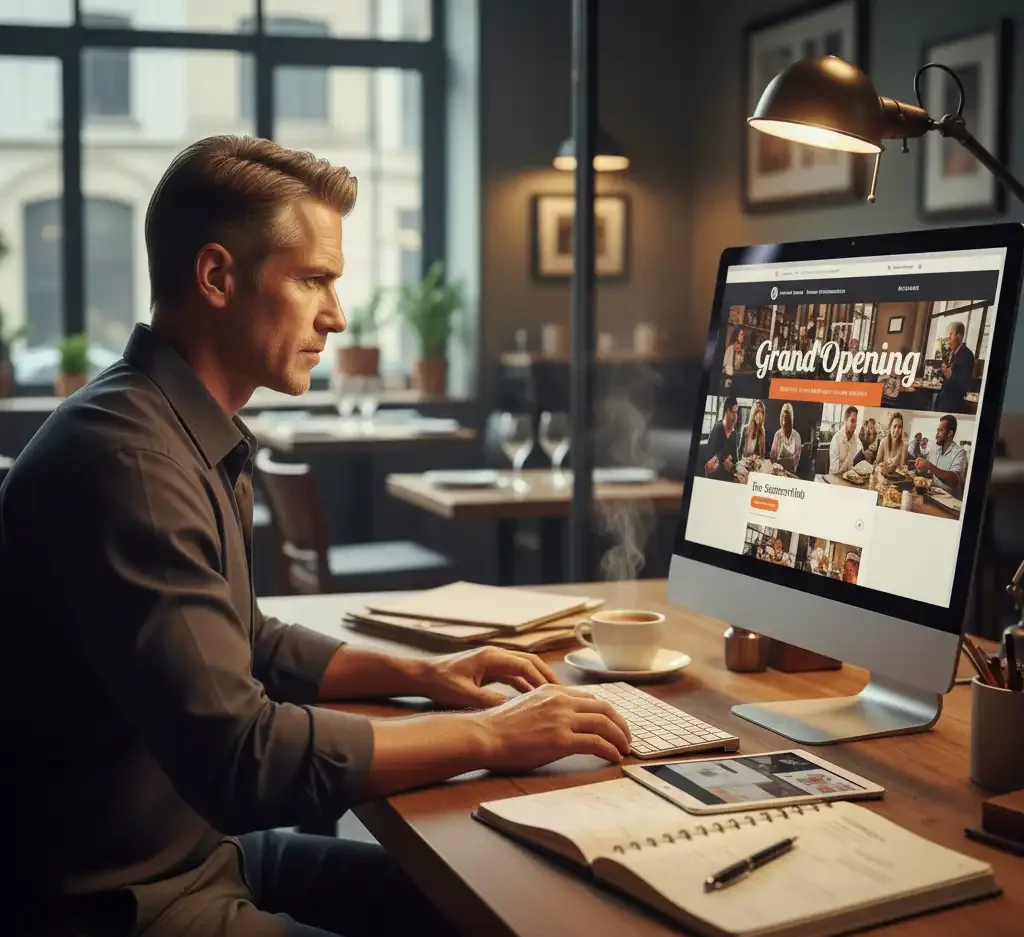 مدیر رستوران با تمرکز بالا در حال بررسی مراحل نهایی طراحی سایت رستوران خود برای افتتاحیه بزرگ و شروعی موفق