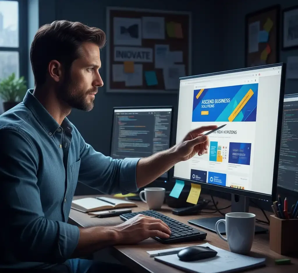 کارآفرینی باانگیزه و مصمم در حال کار بر روی طراحی سایت تجاری جدید خود با نگاهی متمرکز و امیدوار به آینده، که نمادی از تلاش برای نجات و رشد کسب‌وکار از طریق دیجیتالی‌شدن است.