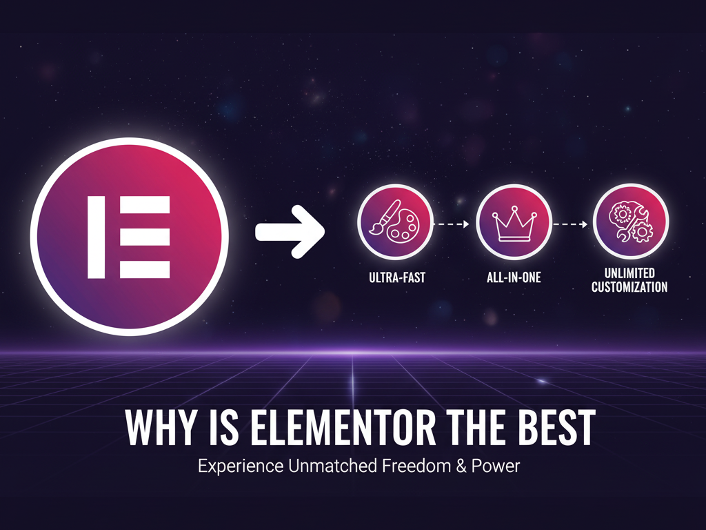 لوگوی رسمی افزونه المنتور در مرکز، محاصره شده با آیکون‌های متصل که سرعت، عملکرد بالا و جامعه کاربری قوی را به عنوان مزایای اصلی افزونه المنتور نشان می‌دهند، روی پس‌زمینه‌ای تیره و پاستلی.