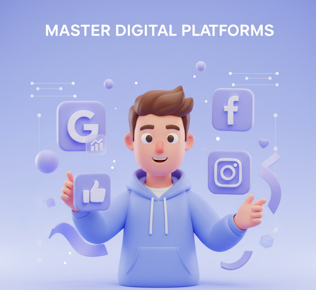 شخصیت حرفهای در حال تعامل با آیکونهای پلتفرمهای تبلیغاتی دیجیتال.