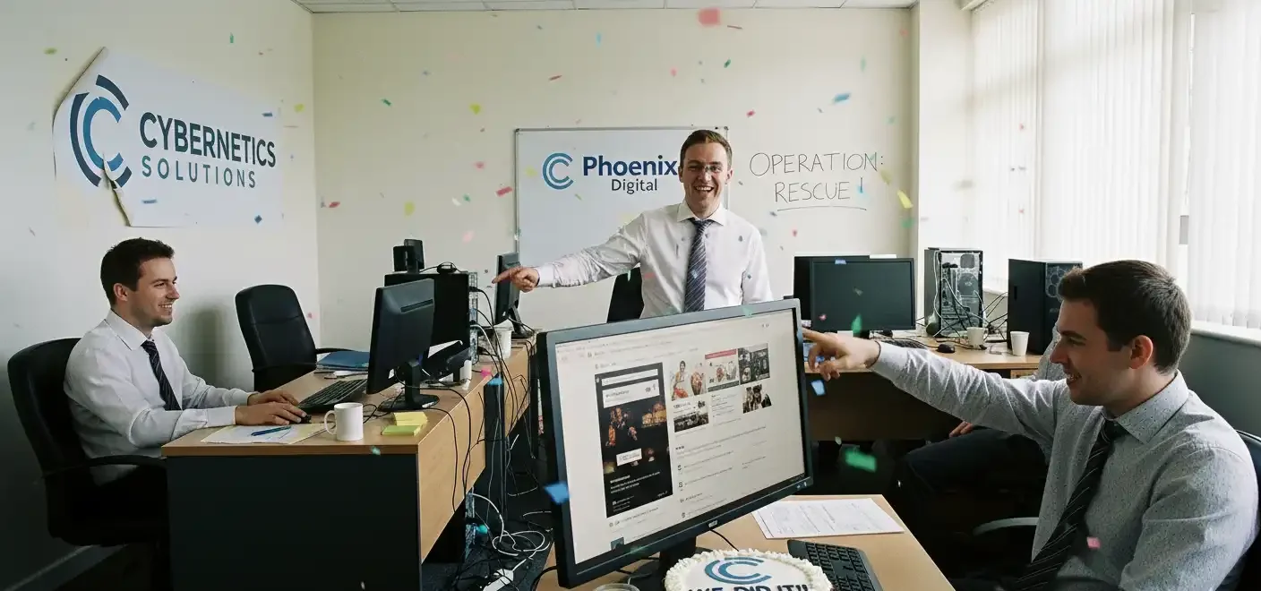 تصویری شاد از تیم "Cybernates Solutions" که موفقیت خود را جشن می‌گیرند. آن‌ها دور میزهای کاری خود نشسته‌اند، با لبخند و نشانه‌های شادی، در حالی که کاغذ رنگی از سقف به پایین می‌ریزد. یک کیک شکلاتی با لوگوی شرکت و عبارت "WE DID IT!" روی میز دیده می‌شود که نشان‌دهنده پیروزی در پروژه‌های "طراحی سایت تبلیغاتی" و نجات کسب‌وکارشان است. در پس‌زمینه، تخته سفید با نوشته "OPERATION: RESCUE!" و لوگوی "Phoenix Digital" نمایانگر تلاش‌ها و موفقیت‌های اخیر آن‌هاست.