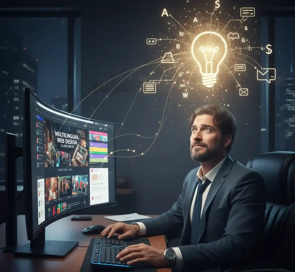 تاجری با لباس رسمی در حال کار با کامپیوتر در دفتر کارش به تصویر کشیده شده است. بالای سر او یک لامپ روشن به همراه خطوطی که به آیکونهای مختلف مربوط به طراحی سایت چندزبانه و تجارت الکترونیک متصل هستند، نمایانگر جرقه یک ایده درخشان است. این تصویر نشاندهنده لحظهای است که تاجر به ایده طراحی سایت چندزبانه برای نجات کسبوکار خود دست مییابد. صفحه مانیتور او نیز محتوایی مرتبط با "Multilingual Web Design" نمایش میدهد که بر اهمیت طراحی سایت چندزبانه تاکید دارد.