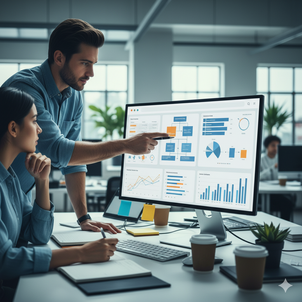 تیم دیجیتال مارکتینگ در حال تحلیل و بهینهسازی ساختار دستهبندیها برای سایت، با نمایش دادههای ترافیک و ساختار URL