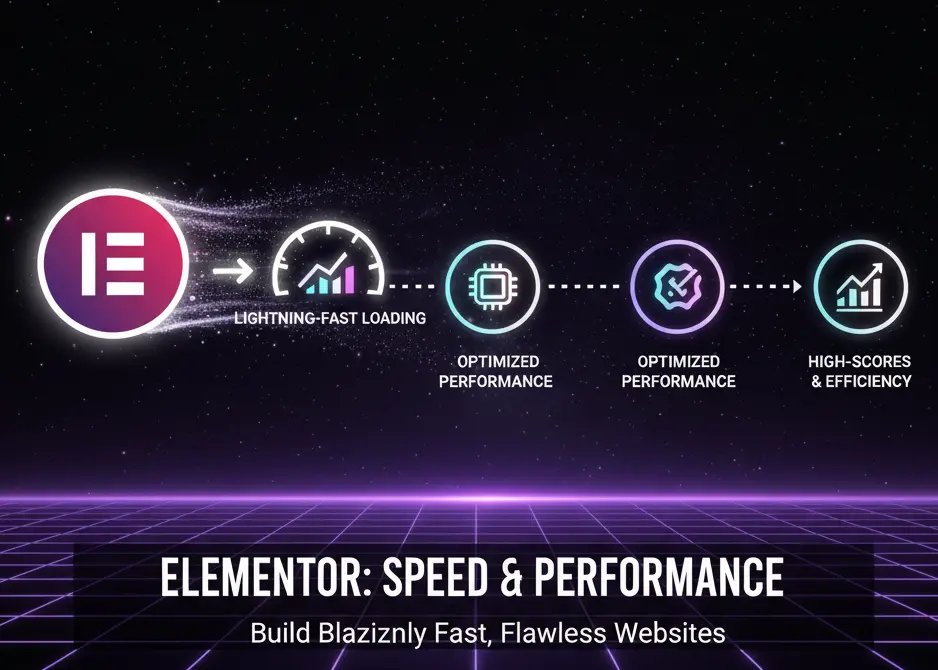 لوگوی رسمی المنتور در کنار آیکون‌هایی که ویژگی‌های سرعت بالا، بارگذاری سریع و عملکرد بهینه افزونه المنتور را نشان می‌دهند، روی پس‌زمینه‌ای تیره و پاستلی با جلوه‌های نوری.