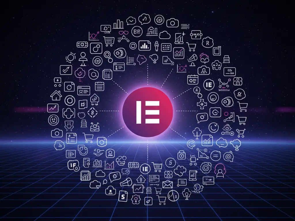 لوگوی رسمی افزونه المنتور در مرکز، محاصره شده با مجموعه‌ای از آیکون‌های متنوعی که گستردگی و انواع افزونه‌های موجود برای المنتور را نشان می‌دهد، روی پس‌زمینه‌ای تیره و پاستلی با نورهای ستاره‌ای.