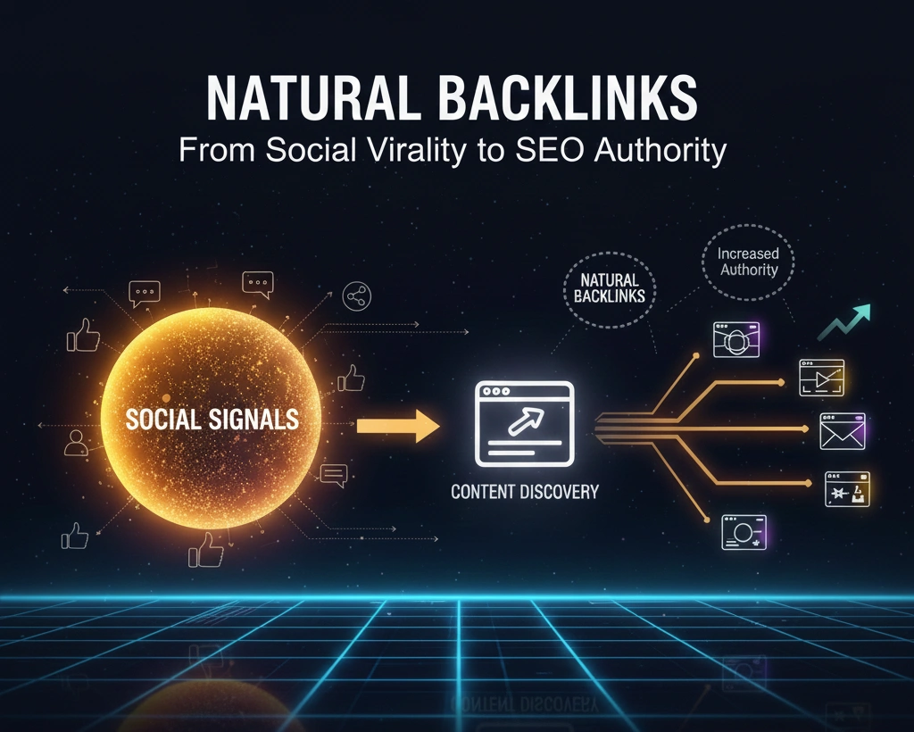 یک کادر متنی نورانی در مرکز که نماد محتوای باکیفیت است، با آیکون‌های سوشیال سیگنال (لایک، کامنت، اشتراک‌گذاری) که آن را در فضای دیجیتال به وضوح نشان می‌دهند. این دید بالا به طور مستقیم و با فلشی سبز به نمادهای زنجیره‌ای (بک‌لینک) متصل می‌شود. کل تصویر نشان‌دهنده چگونگی تبدیل سوشیال سیگنال‌ها به بک‌لینک‌های طبیعی و ارگانیک است.