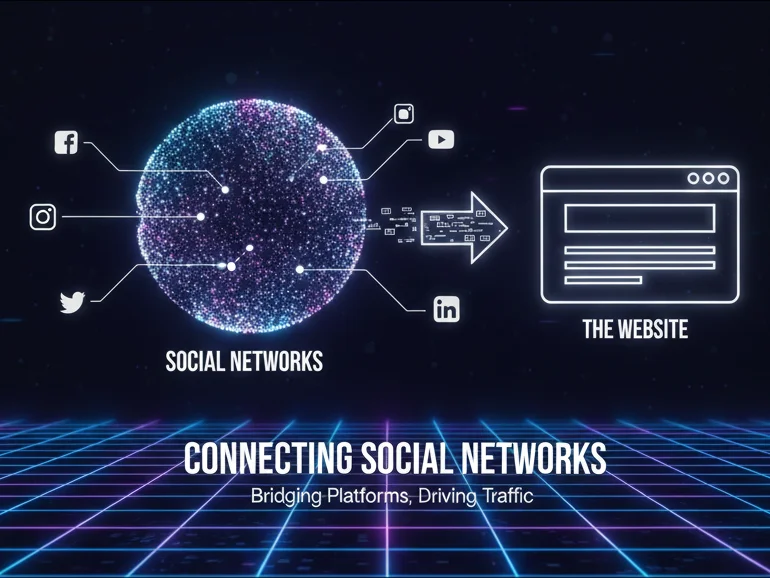 انتقال سوشیال سیگنال از آیکون‌های شبکه‌های اجتماعی (پلتفرم‌های مختلف) به یک مانیتور نمایش‌دهنده وب‌سایت، که اتصال مستقیم و دیجیتالی را نشان می‌دهد.