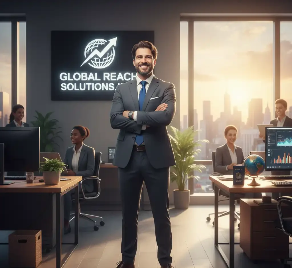تاجری موفق با لبخندی بر لب و دستانی به سینه در دفتر کار مدرن و پرنور خود ایستاده است. پشت سر او تابلوی "GLOBAL REACH SOLUTIONS." با نمادی از رشد جهانی دیده میشود که نشاندهنده موفقیت شرکت او در گسترش بینالمللی است. کارمندان در پسزمینه مشغول به کار هستند و منظره شهر در هنگام غروب از پنجرهها پیداست. این تصویر نمایانگر نتیجه موفقیتآمیز ایده طراحی سایت چندزبانه است که به او کمک کرد تا کسبوکارش را نجات دهد و به اوج برساند.