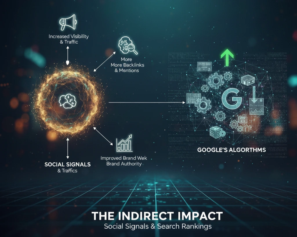 تصویری شماتیک از نحوه تاثیرگذاری غیرمستقیم سوشیال سیگنال‌ها بر الگوریتم‌های گوگل. یک کره نورانی با آیکون‌های اجتماعی (سوشیال سیگنال و ترافیک) به سمت افزایش دید و ترافیک، بک‌لینک و اعتبار برند اشاره دارد. این عوامل سپس با فلشی به سمت نماد حرف G گوگل و چرخ‌دنده‌های الگوریتم‌های آن هدایت می‌شوند، که نشان‌دهنده ارتقای رتبه‌بندی است. کل تصویر روی پس‌زمینه‌ای دیجیتالی و شبکه‌ای قرار دارد.