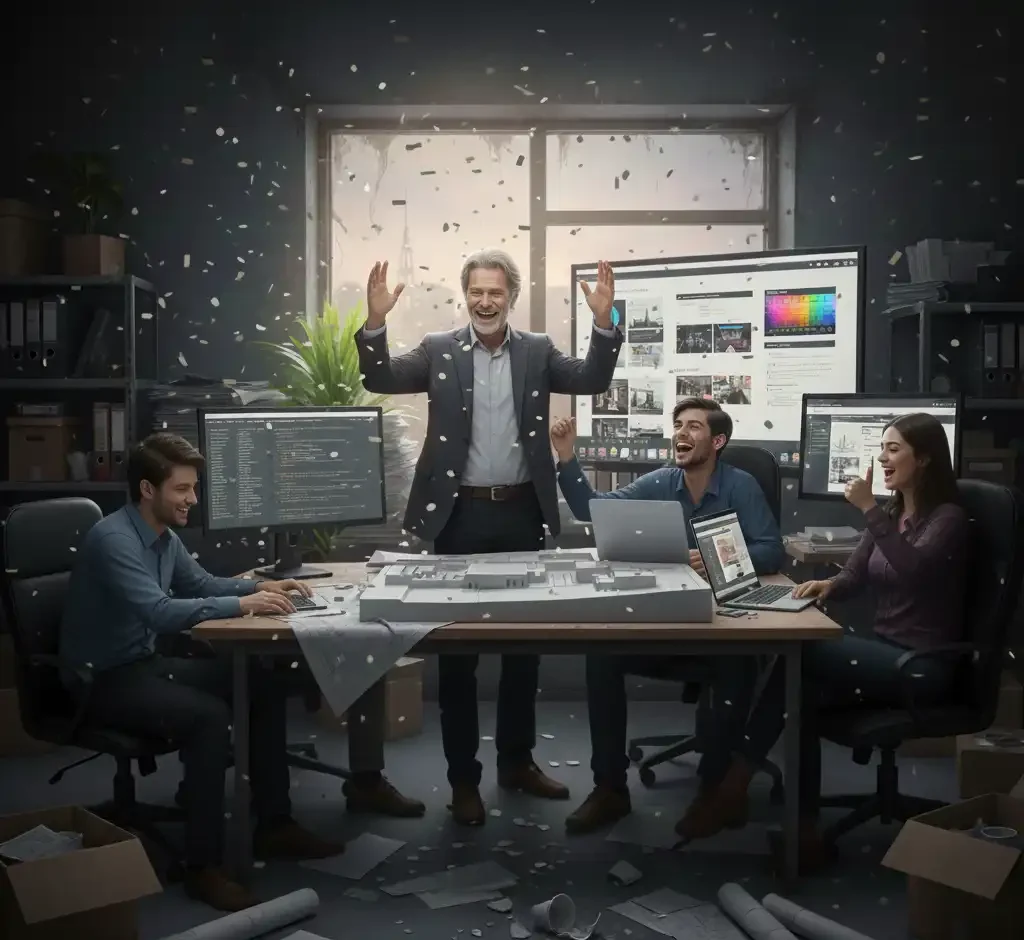 تصویری شاد و موفقیت‌آمیز از تیم معماری که پس از تکمیل و راه‌اندازی موفقیت‌آمیز طراحی سایت معماری جدید خود، در حال جشن گرفتن در دفتر کار مدرن و روشن خود هستند. اعضای تیم با خوشحالی در کنار هم ایستاده‌اند و موفقیت خود را با لبخند جشن می‌گیرند. این تصویر نشان‌دهنده دستاورد بزرگ در ارتقای کسب‌وکار از طریق حضور دیجیتال قوی و تأثیر مثبت طراحی سایت معماری حرفه‌ای است.