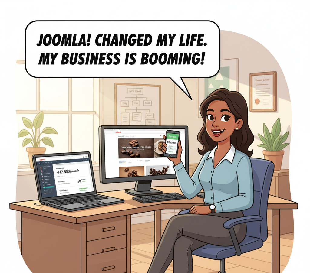 تصویر کارتونی از زنی خوشحال که با موفقیت کسب‌وکاری را از طریق طراحی سایت با جوملا راه‌اندازی کرده و درآمد کسب می‌کند.