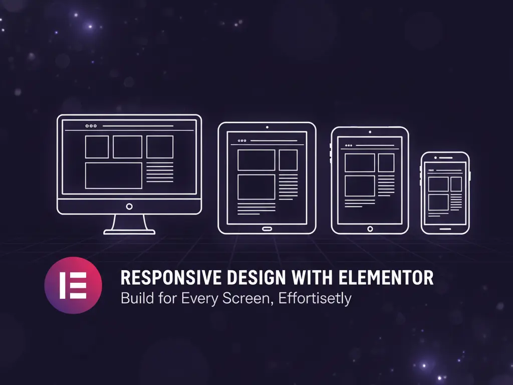 تصویر وب‌سایت در حال نمایش روی دسکتاپ، تبلت و موبایل که ویژگی واکنش‌گرایی (Responsive) افزونه المنتور را با لوگوی آن روی پس‌زمینه‌ای تیره و پاستلی نشان می‌دهد.