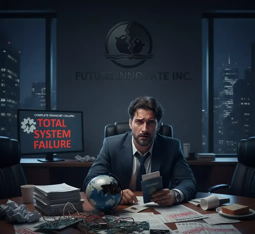 یک تاجر ورشکسته که در دفتر کارش غمگین نشسته، مدارک زیادی روی میزش ریخته و صفحه نمایش کامپیوترش پیام "Total System Failure" را نشان میدهد. در پسزمینه لوگوی "FUTURE INNOVATE INC." و منظره شهر دیده میشود. او به دلیل عدم توانایی در مدیریت کسبوکار خود و احتمالاً نداشتن طراحی سایت چندزبانه برای تجارت بینالمللی، به این وضعیت دچار شده است.