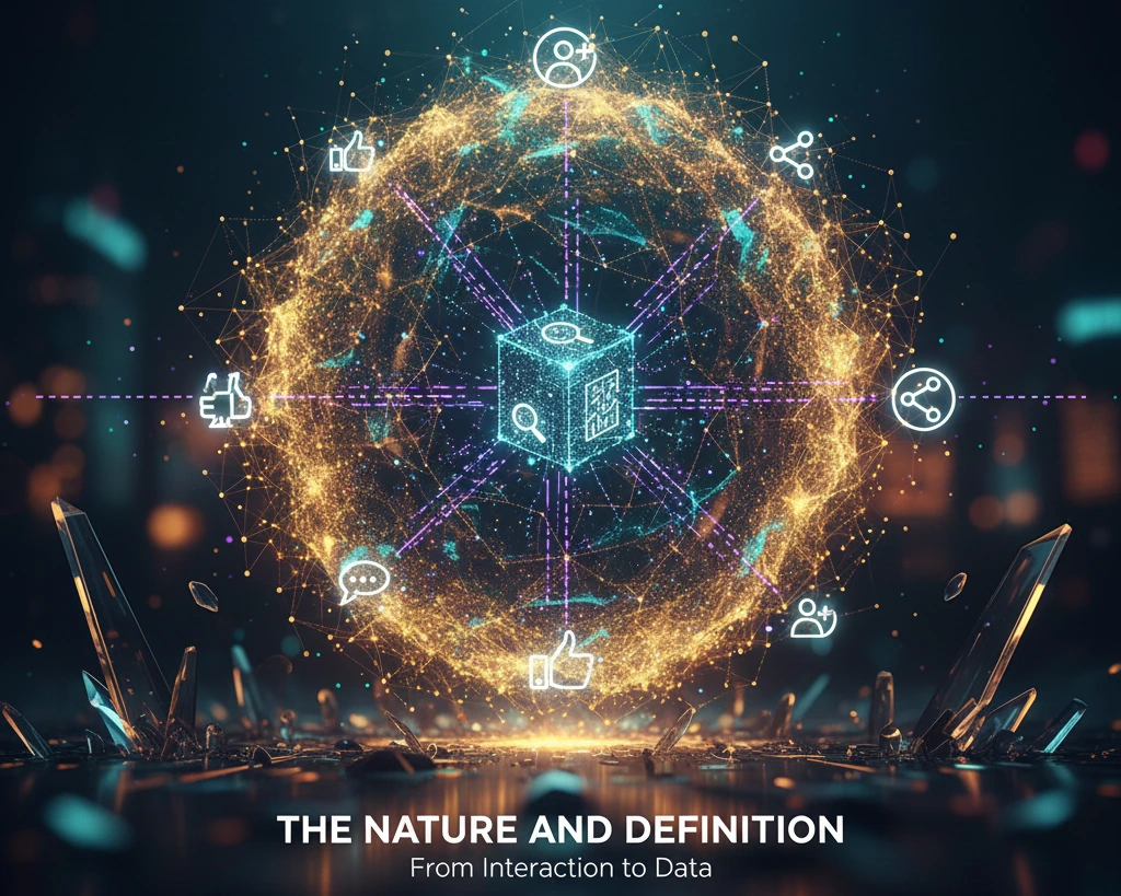 یک کره نورانی دیجیتالی متشکل از شبکه‌ای از نقاط و خطوط طلایی و بنفش، با یک مکعب داده‌مانند در مرکز که توسط آیکون‌های سوشیال سیگنال مانند لایک و اشتراک‌گذاری احاطه شده است. این تصویر ماهیت سیگنال‌های اجتماعی را از تعامل تا داده نشان می‌دهد.