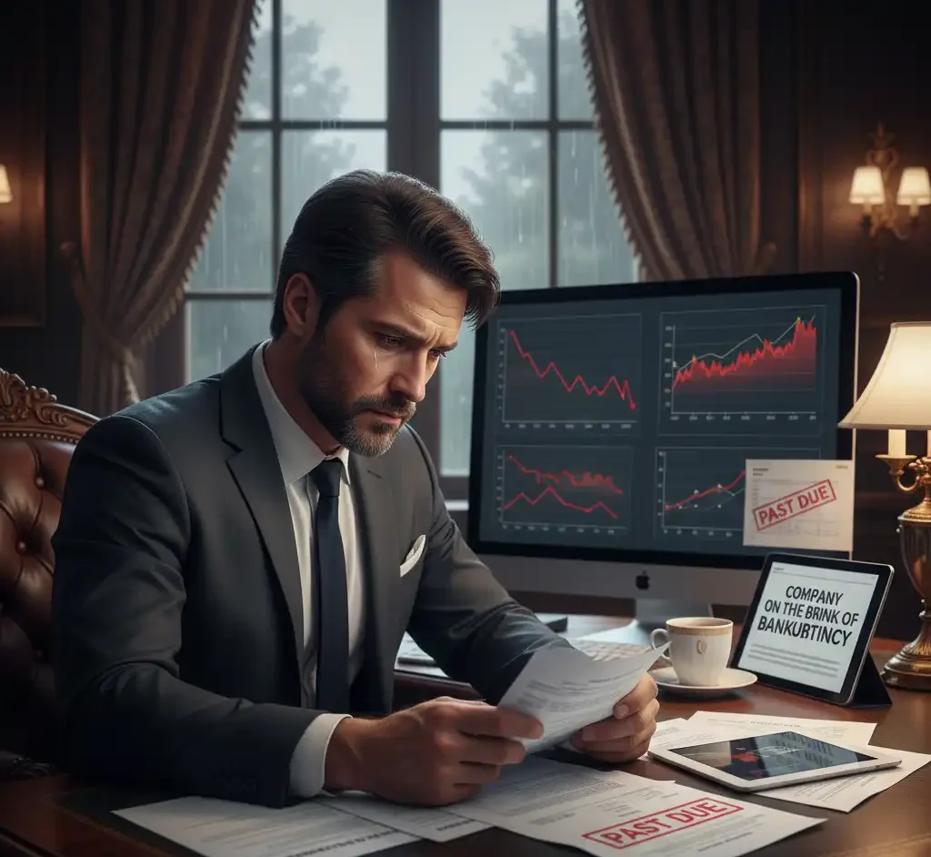 بیزنس منی افسرده و غمگین که غرق در گزارش‌های مالی "Past Due" و چارت‌های فروش نزولی است. این وضعیت ناگوار نشان‌دهنده شکست در استراتژی‌های فروش است و اهمیت به‌روزرسانی یا بهبود طراحی سایت تجاری برای جلوگیری از ورشکستگی را گوشزد می‌کند.