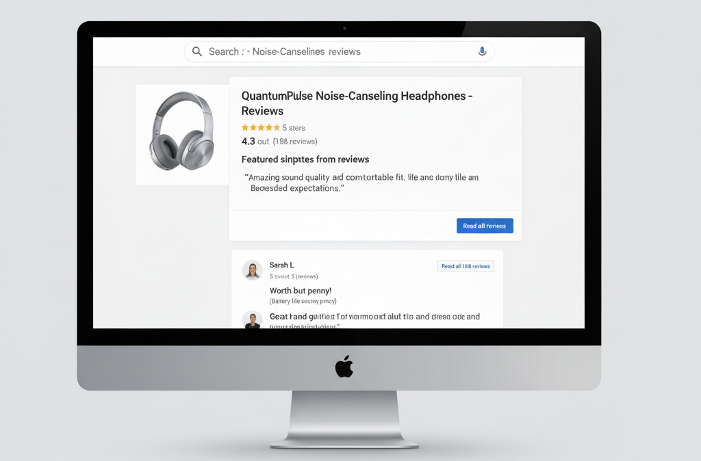 تصویری از بخش نظرات یک محصول با اسکیما مارک‌آپ که نظرات کاربران، امتیازات و بازخوردهای دقیق محصول را در نتایج جستجو نمایش می‌دهد