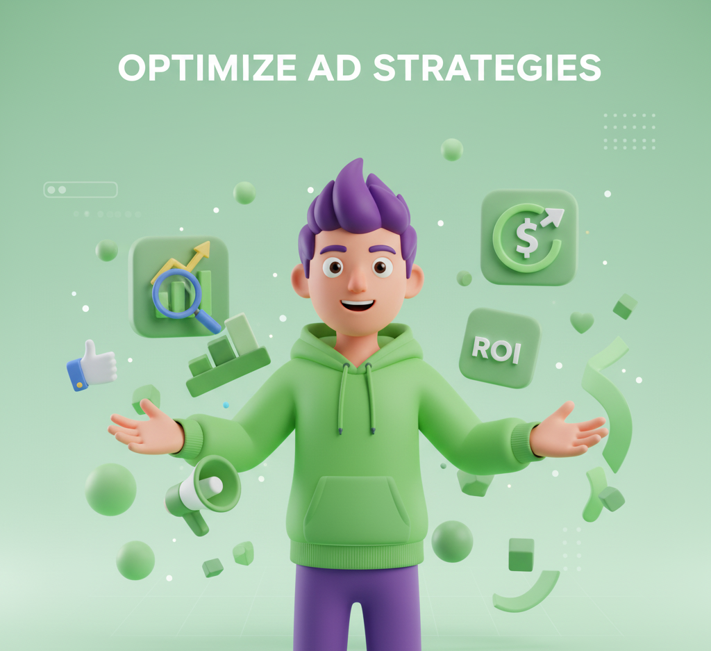 شخصیت در حال تعامل با آیکونهای بهینهسازی و تحلیل تبلیغات آنلاین.