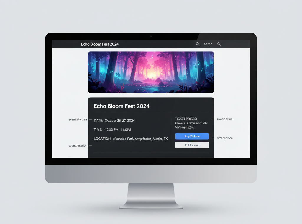 صفحه یک رویداد با داده‌های ساختاریافته که جزئیات رویداد از قبیل تاریخ، زمان، مکان و قیمت بلیط را نمایش می‌دهد، که با استفاده از اسکیما مارک‌آپ قابل دسترسی‌تر شده است.