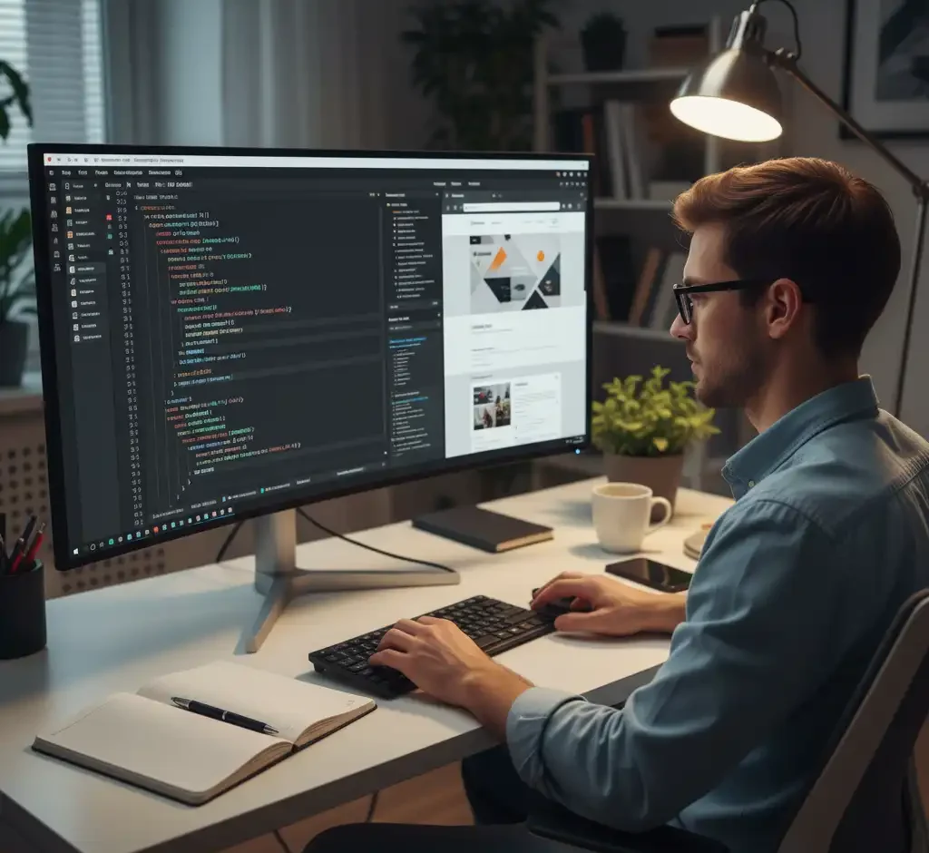 برنامه‌نویسی جوان در حال کار با کدهای HTML5 بر روی یک مانیتور بزرگ برای طراحی یک وب‌سایت ریسپانسیو و مدرن.