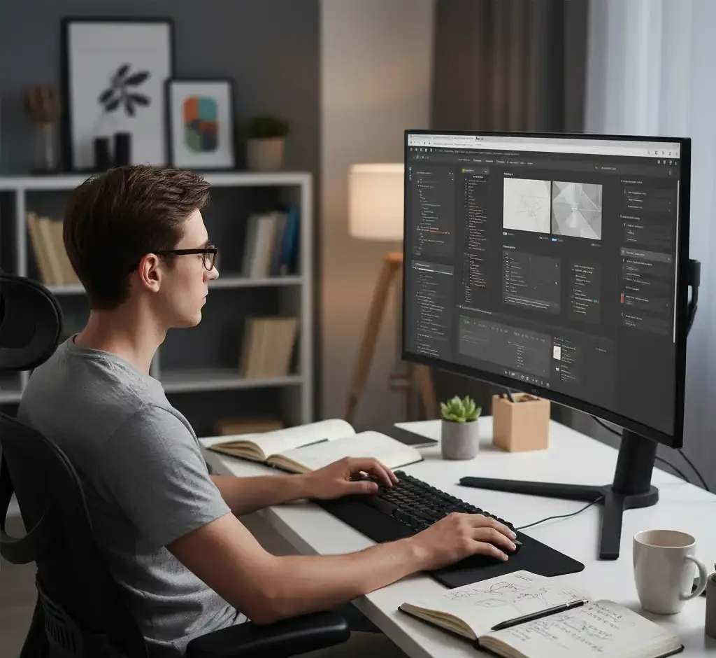 مردی جوان با عینک در حال طراحی سایت ریسپانسیو و برنامه‌نویسی با یک مانیتور بزرگ در یک فضای مدرن و آرام.