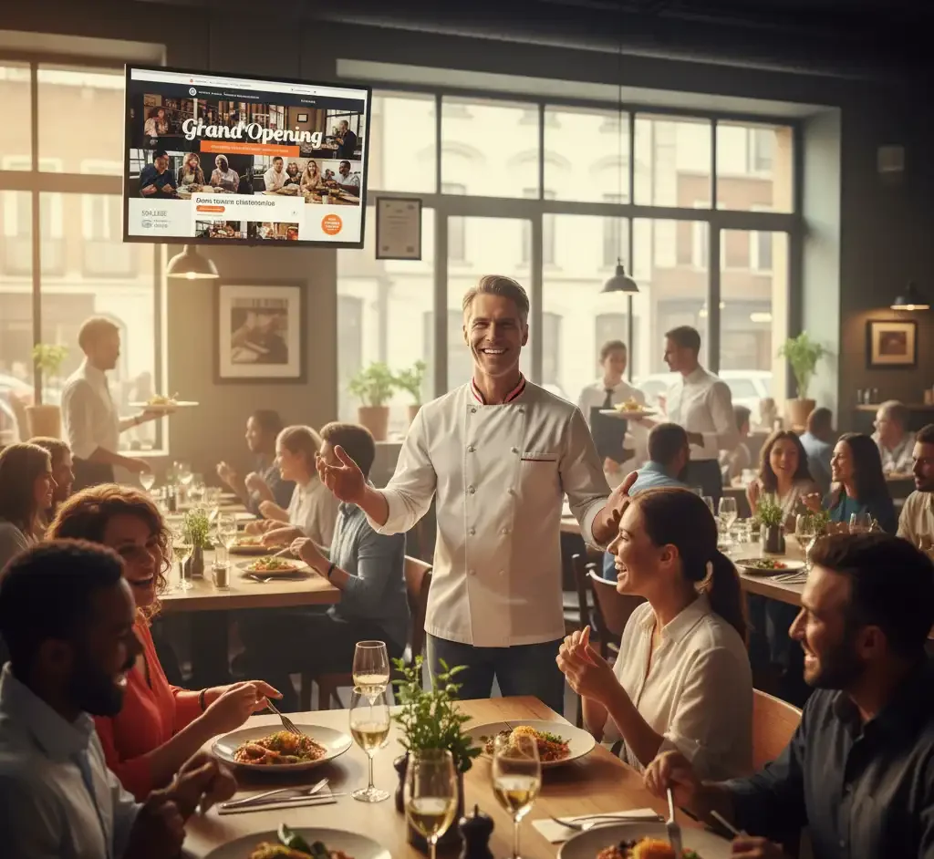 مدیر رستوران موفق و خندان در رستوران پر مشتری، نتیجه استراتژی قوی و حرفهای طراحی سایت رستوران که فروش را متحول کرد.