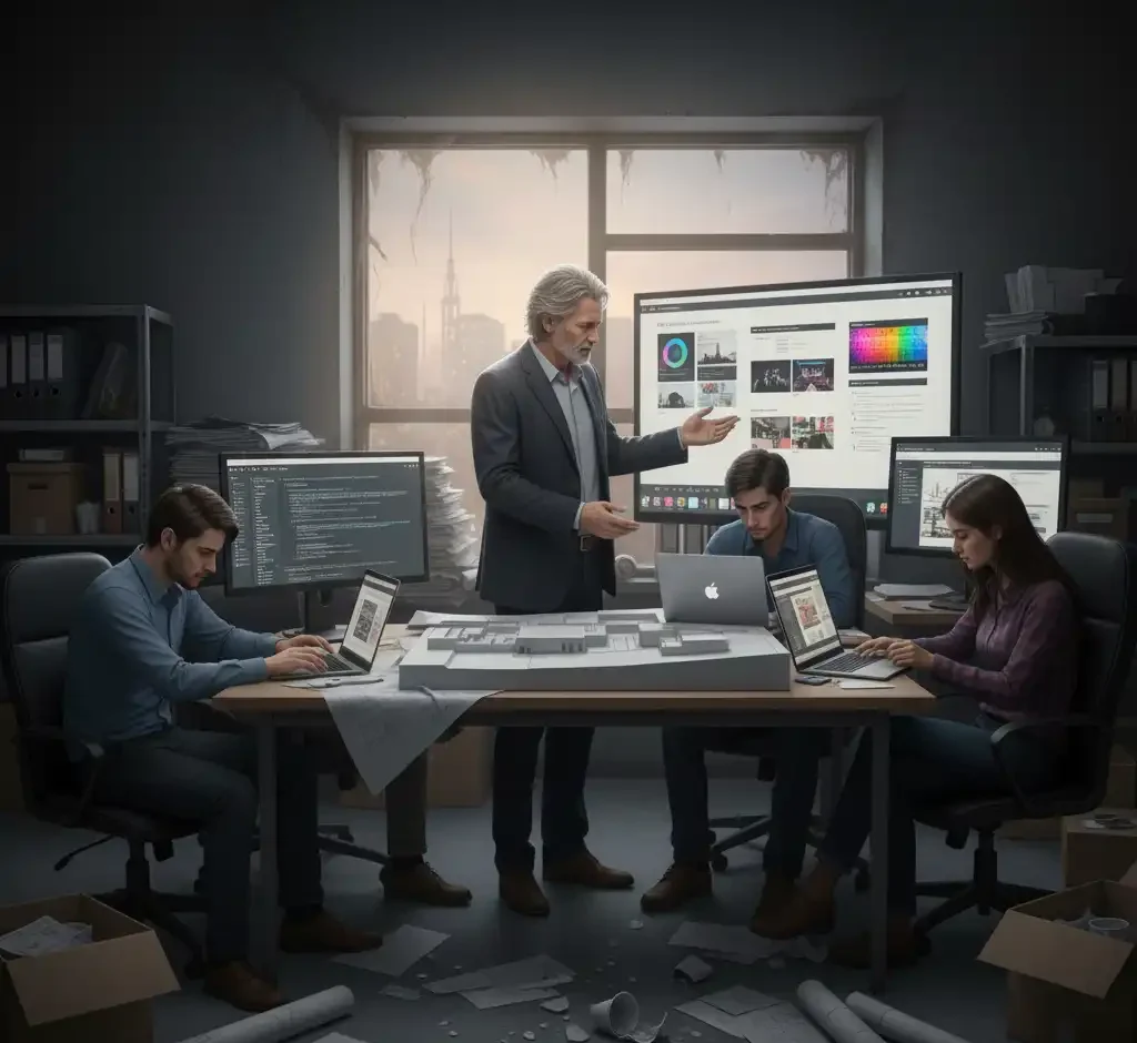 تصویری پر امید و پویا از یک تیم طراحی سایت معماری که با تمرکز و همکاری در حال کار بر روی طراحی و توسعه یک وب‌سایت برای نجات تجارتشان هستند. در مرکز، معمار ارشد در حال راهنمایی و اشاره به صفحه‌نمایش بزرگ است که نمونه‌هایی از طراحی وب و پالت‌های رنگی را نشان می‌دهد. اعضای تیم با لپ‌تاپ‌های خود مشغول کدنویسی و طراحی گرافیکی هستند. این تصویر نشان‌دهنده تلاش برای نوآوری و تحول دیجیتال در صنعت طراحی سایت معماری است.