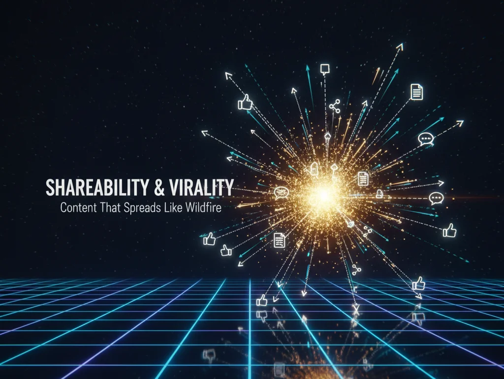 نمایشی از انتشار سریع محتوا: یک نقطه مرکزی طلایی در حال فرستادن موج‌های انرژی و فلش‌های اشتراک‌گذاری به سمت آیکون‌های سوشیال مدیا در طرفین است. این تصویر مفهوم ویروسی شدن و قابلیت اشتراک‌گذاری محتوا را از طریق شبکه‌ای دیجیتالی و نورانی نشان می‌دهد.
