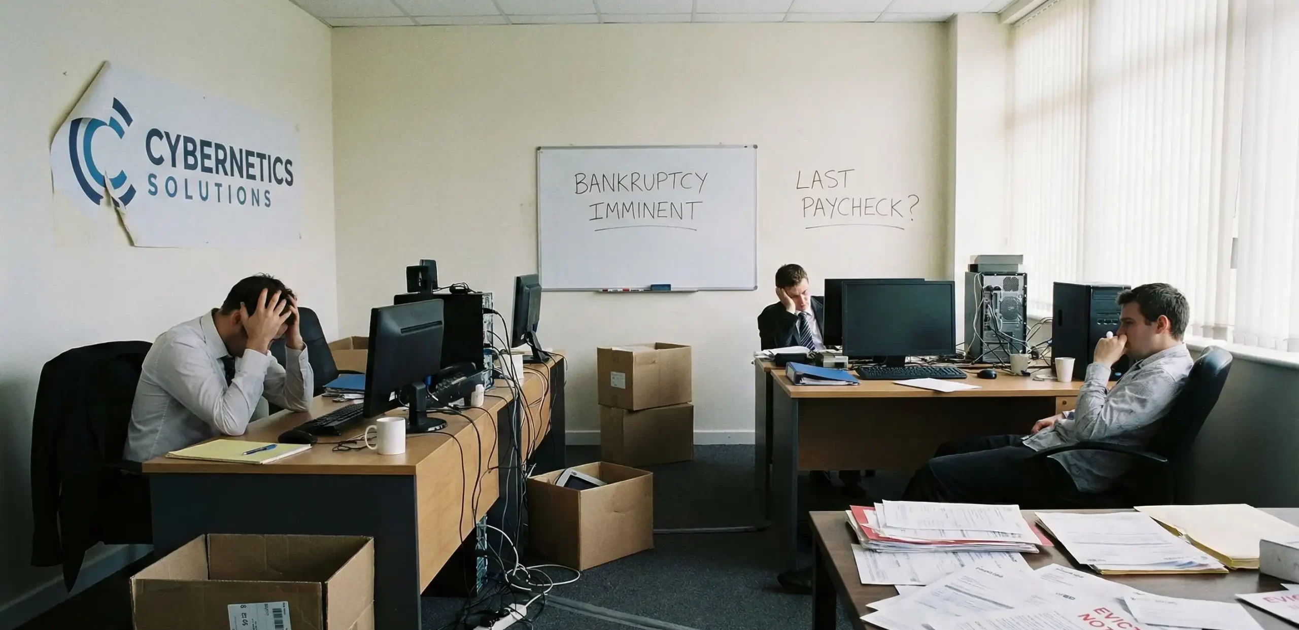 تصویری از یک دفتر کار در آستانه ورشکستگی و تخلیه، با کارمندانی ناامید و جعبه‌های بسته‌بندی شده. نوشته‌های روی تخته و اخطاریه‌های تخلیه وضعیت بحرانی را نشان می‌دهند. این تصویر می‌تواند نمادی از چالش‌ها و ریسک‌های موجود در کسب‌وکارهای حوزه فناوری و خدمات دیجیتال، مانند شرکت‌های فعال در زمینه طراحی سایت تبلیغاتی باشد.