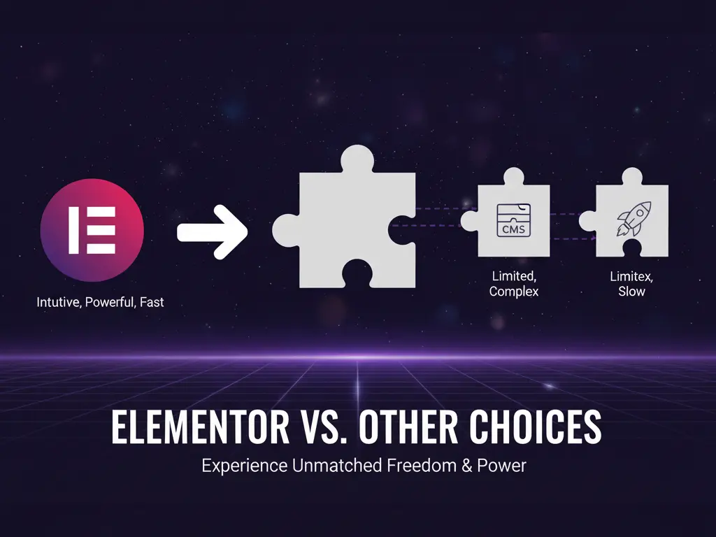 لوگوی رسمی افزونه المنتور در کنار پازل‌هایی که سادگی و قدرت المنتور را در مقابل پیچیدگی و محدودیت سایر گزینه‌ها به نمایش می‌گذارد، روی پس‌زمینه‌ای تیره و پاستلی.
