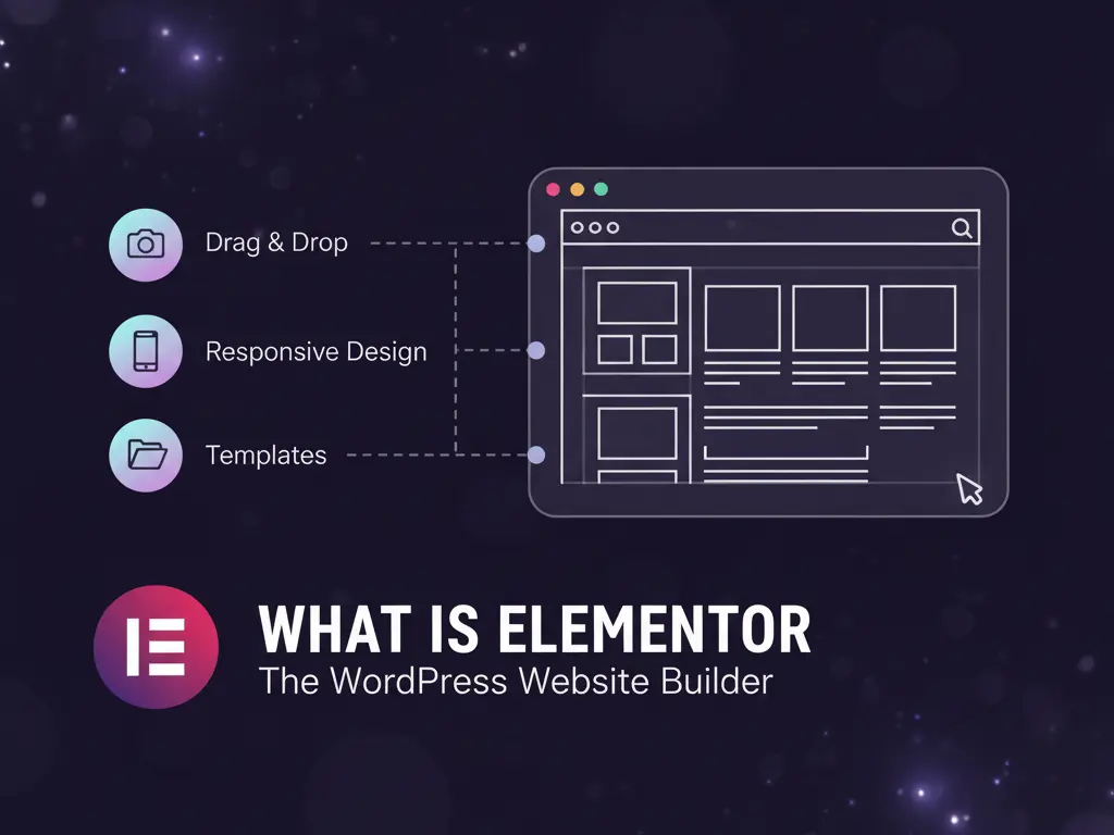 لوگوی افزونه المنتور در کنار آیکون‌هایی که ویژگی‌های Drag & Drop، طراحی واکنش‌گرا و قالب‌ها را روی پس‌زمینه‌ای تیره و پاستلی نشان می‌دهند.