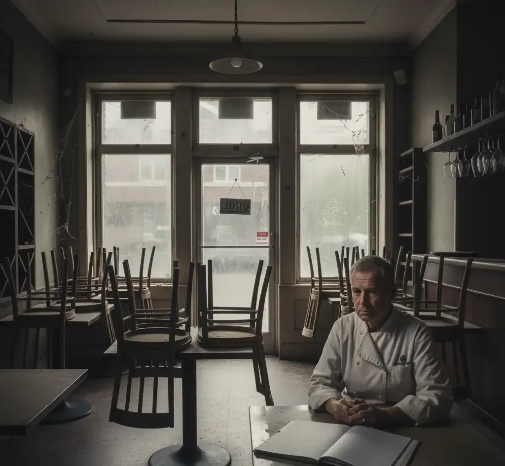 مدیر رستوران غمگین در فضای خالی رستوران، نیاز به طراحی سایت رستوران و استراتژی جدید برای جذب مشتری