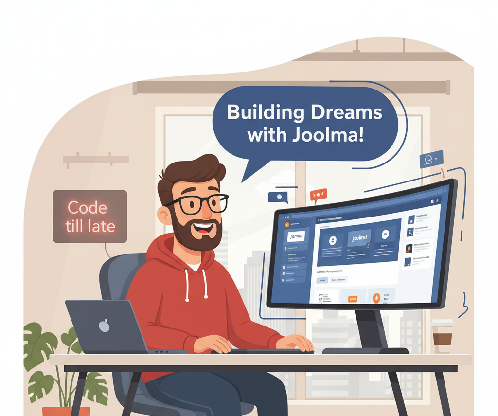 شخصی در منزل خود با کامپیوتر خود حال طراحی سایت با جوملا هست.