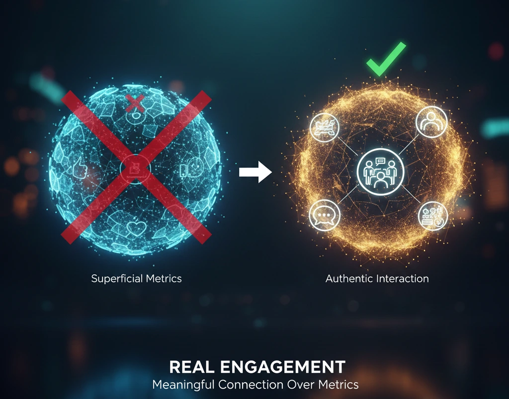 تصویری مقایسه‌ای بین دو کره دیجیتالی: کره سمت چپ به رنگ آبی و با علامت ضربدر قرمز، نشان‌دهنده معیارهای سطحی؛ و کره سمت راست به رنگ طلایی نورانی و با علامت تیک سبز، نمادی از تعامل واقعی و معنادار. این تصویر بر اهمیت تعاملات حقیقی در سوشیال سیگنال تأکید دارد.