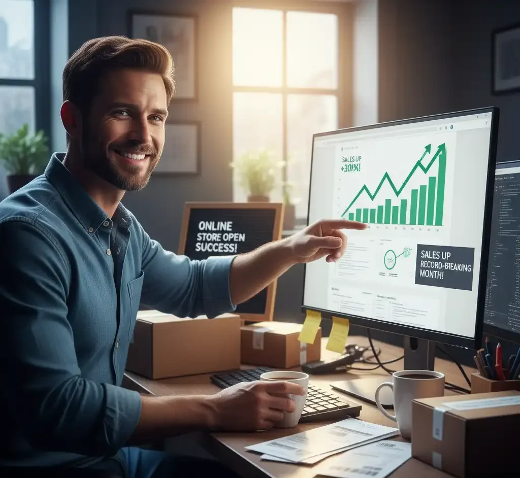 یک بیزنس من خندان و راضی در حال مشاهده چارت‌های فروش با رشد چشمگیر؛ این موفقیت و افزایش فروش نتیجه مثبت و مستقیم طراحی سایت تجاری حرفه‌ای و هدفمند او است.