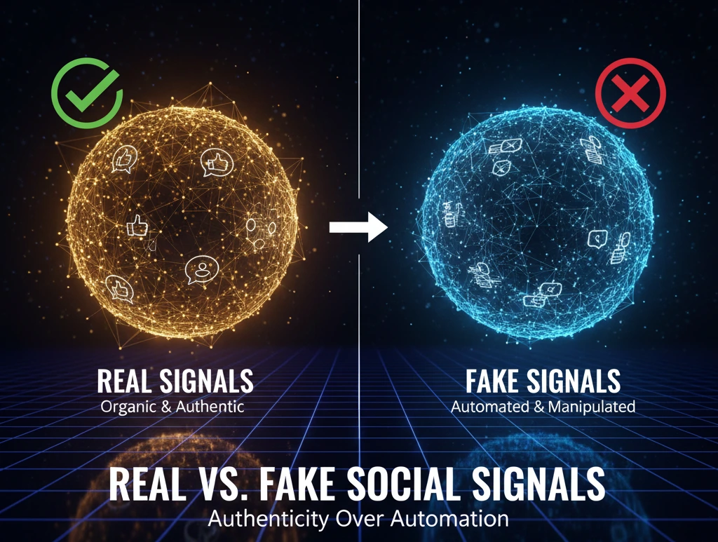 تصویری مقایسه‌ای و عریض که دو کفه ترازو را نشان می‌دهد: کفه سمت چپ با آیکون‌های اجتماعی نامنظم و ضعیف به رنگ قرمز، نماد سوشیال سیگنال‌های جعلی و مصنوعی؛ و کفه سمت راست با آیکون‌های طلایی و محکم به رنگ سبز، نماد سوشیال سیگنال‌های واقعی و ارگانیک. این تصویر بر تفاوت بین کیفیت و کمیت سیگنال‌ها در فضای دیجیتال تأکید دارد.